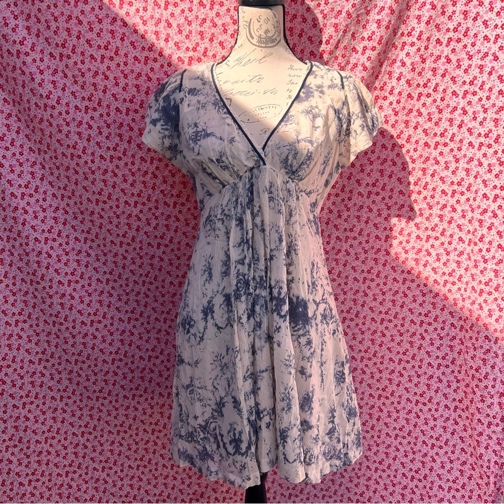 “Lana wear” cream & blue babydoll dress with puffed sleeves lace hemmed neckline
